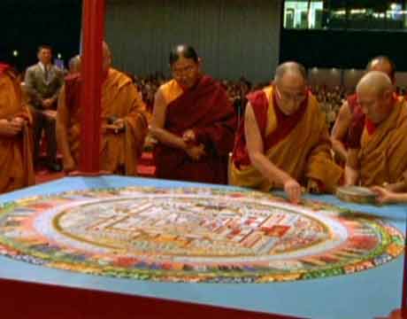 
Dalai Lama destroying a sand Kalachakra mandala - Wheel Of Time Herzog DVD
